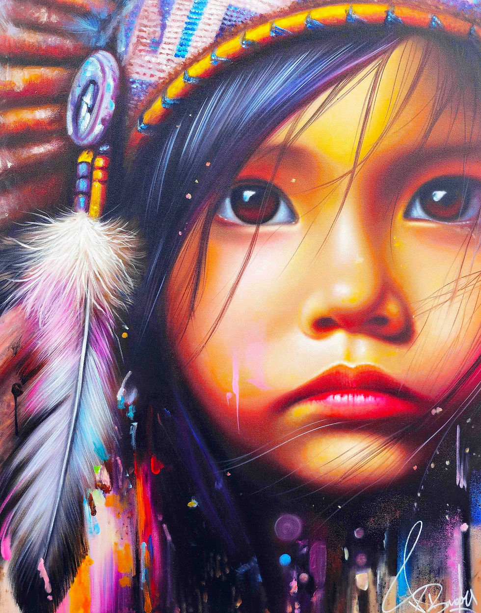 Tableau Indien d’Amérique street art multicolore, portrait réaliste signé Vincent Bardou, œuvre unique et contemporaine.