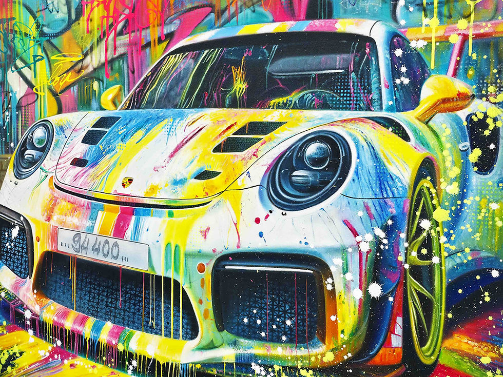 Miniature : Tableau Porsche 911 GT3 RS en peinture contemporaine, création originale de Vincent Bardou mêlant Pop Art, graffiti et couleu