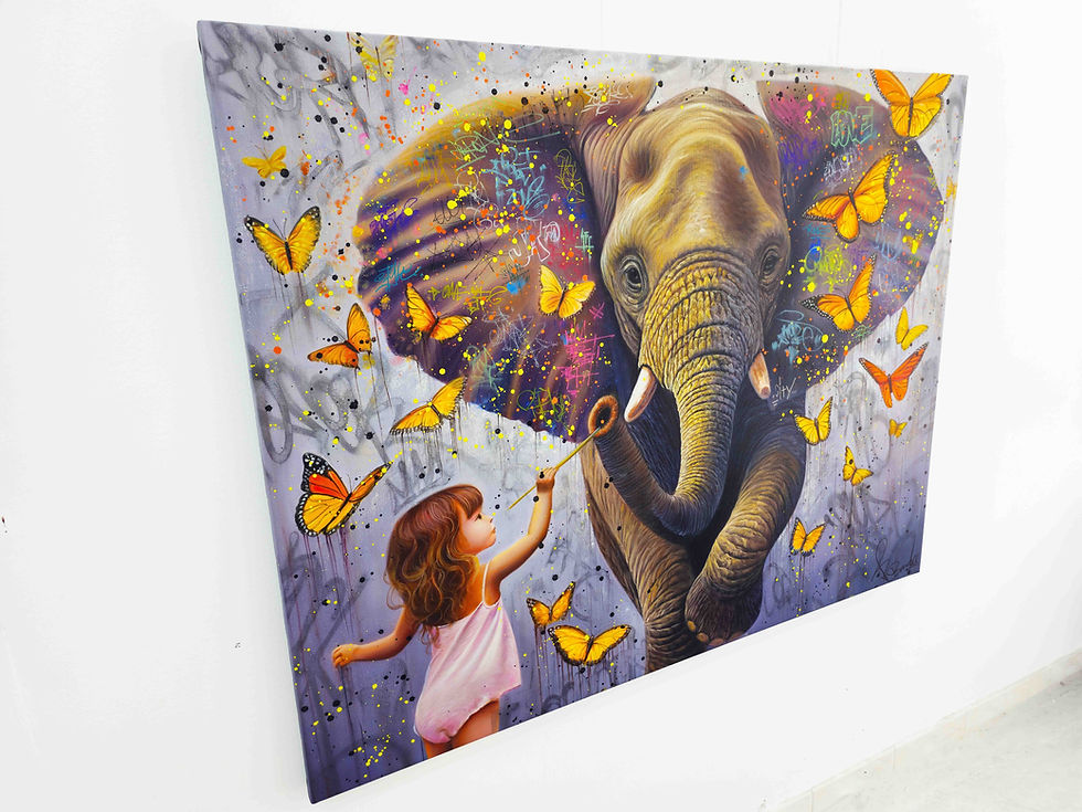 Tableau éléphant contemporain pop art street art avec papillons colorés artiste Vincent Bardou