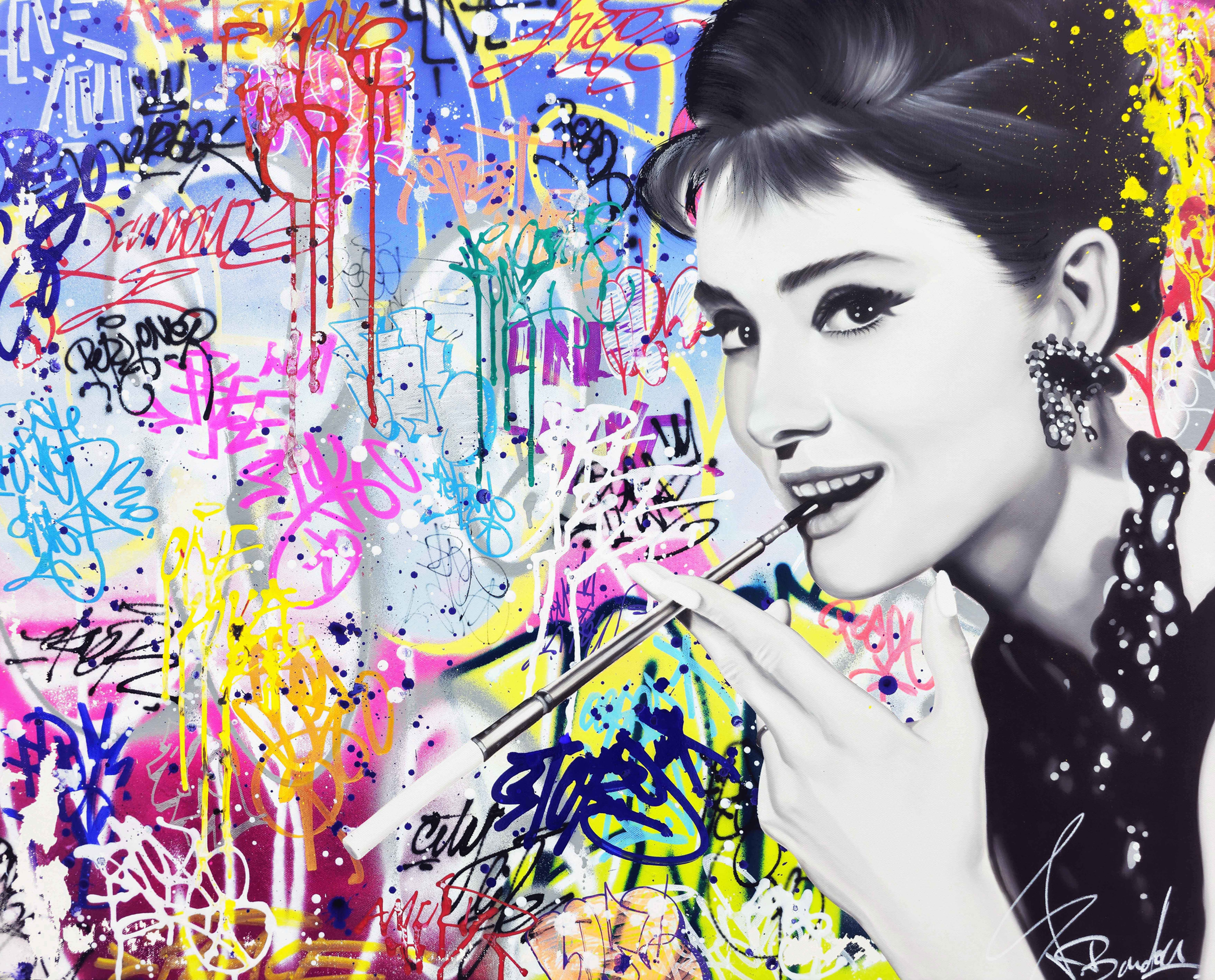 Tableau Audrey Hepburn street art portrait femme icône cinéma fond graffiti coloré œuvre unique