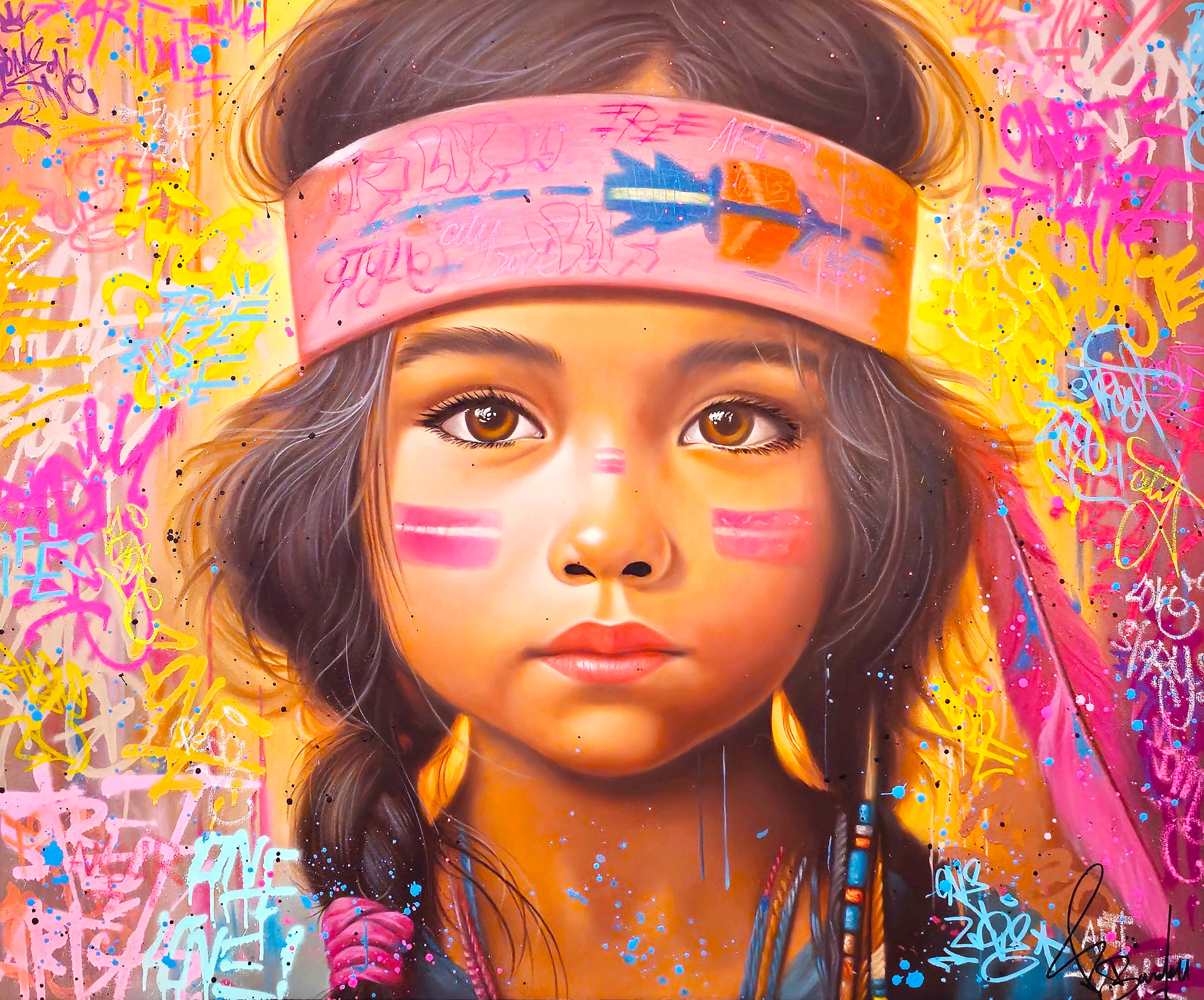 Tableau indienne Pop Art abstrait Vincent Bardou artiste galerie d’art, portrait féminin coloré.