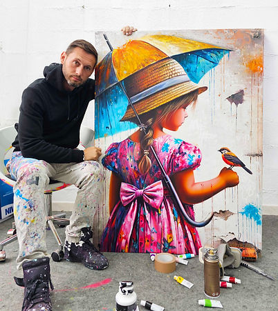 tableau fille parapluie coloré avec oiseau street art artiste peintre vincent bardou
