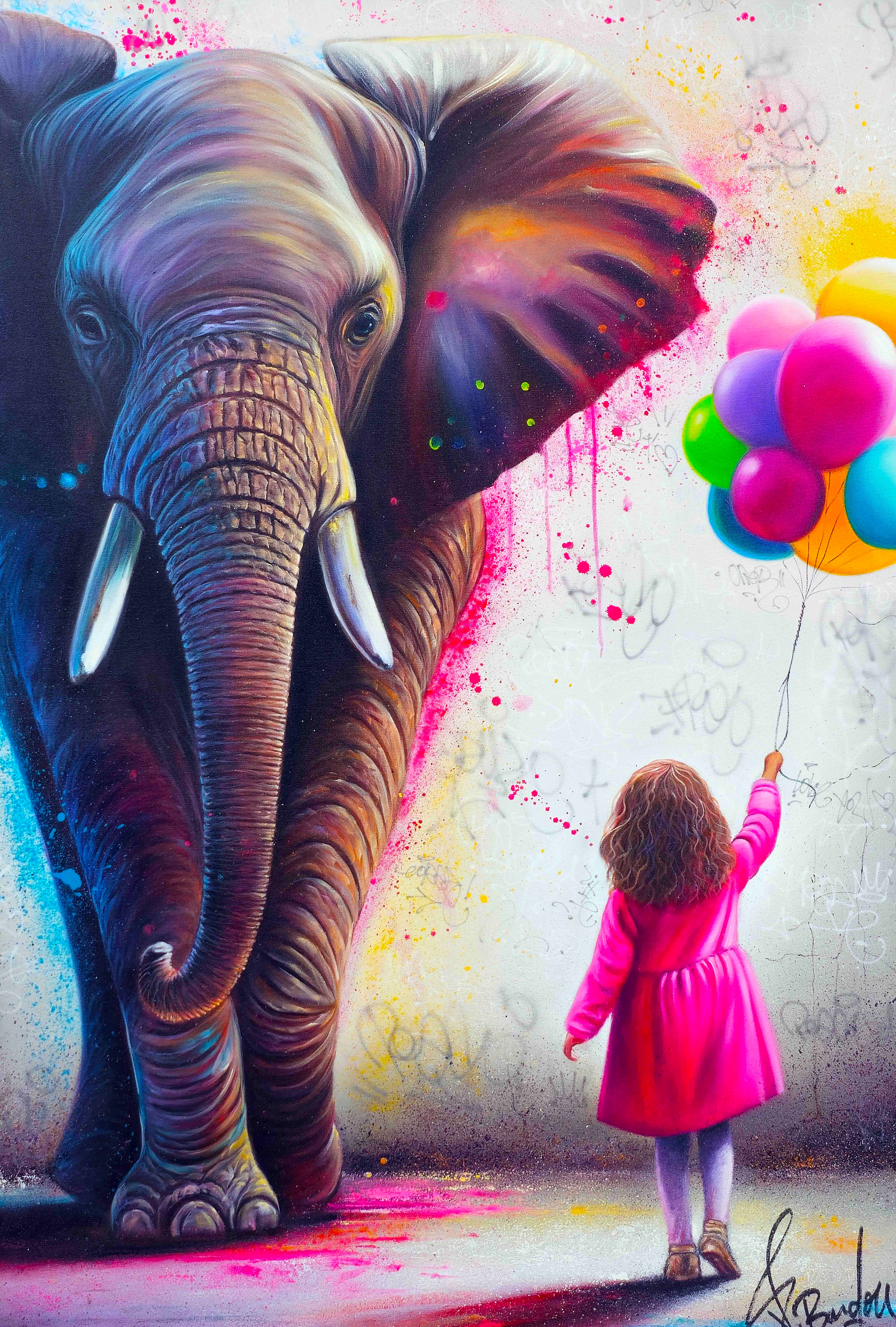 Toile éléphant street art multicolore, une création de Vincent Bardou mêlant graffiti et pop art. Une peinture moderne