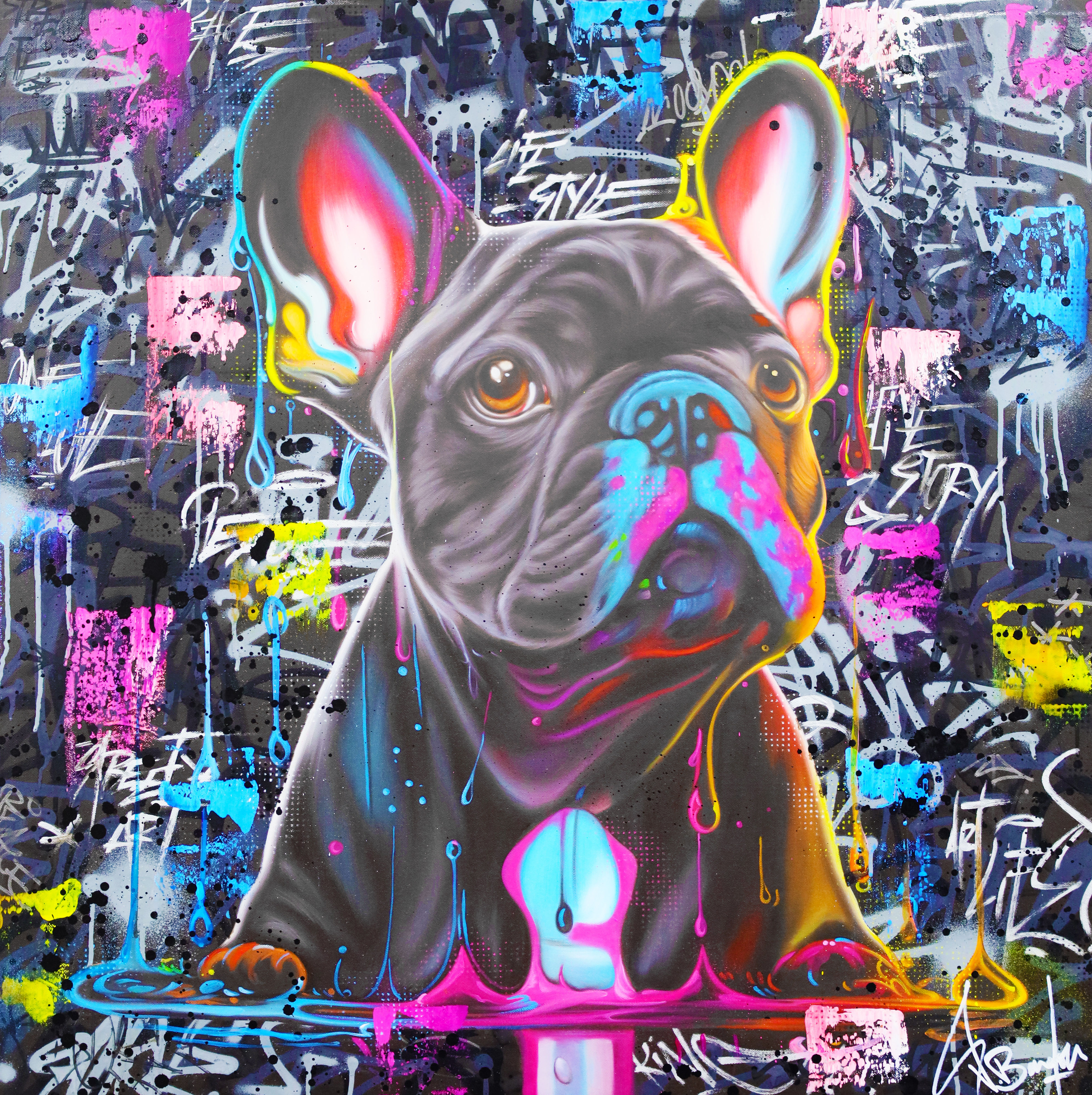 Tableau original Chien Pop Art coloré peinture graffiti street art sur toile portrait Bulldog moderne signé Vincent Bardou