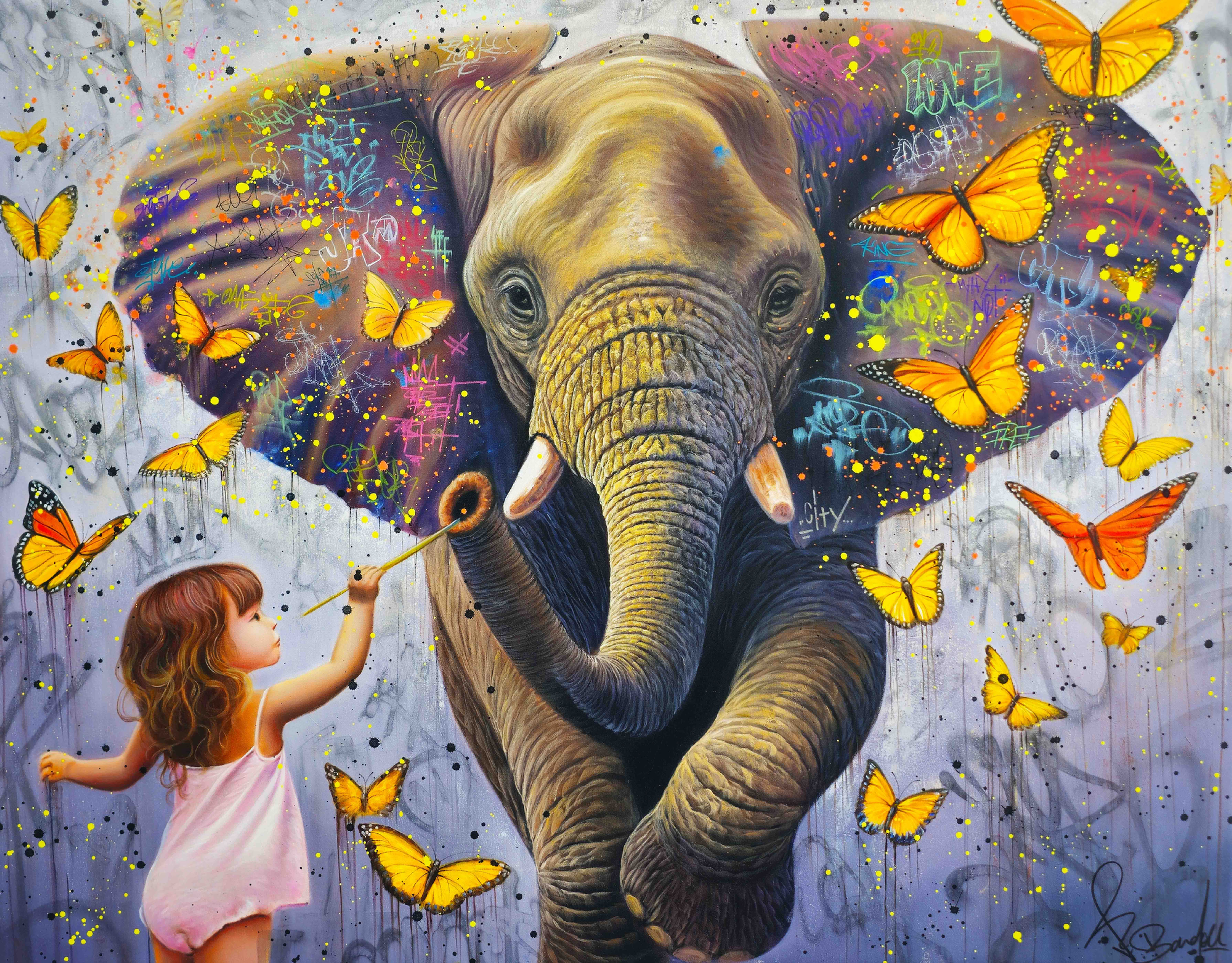 Tableau éléphant contemporain street art avec papillons colorés