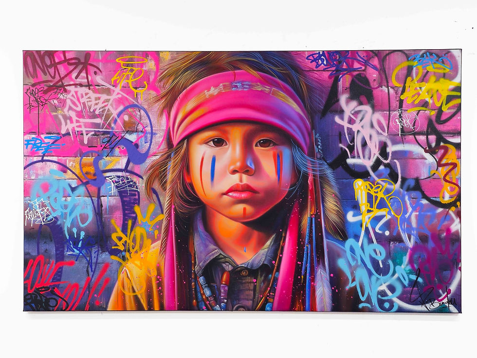 Miniaturbild: Peinture originale portrait enfant indien en street art, alliant réalisme et couleurs vives – œuvre signée Vincent Bardou