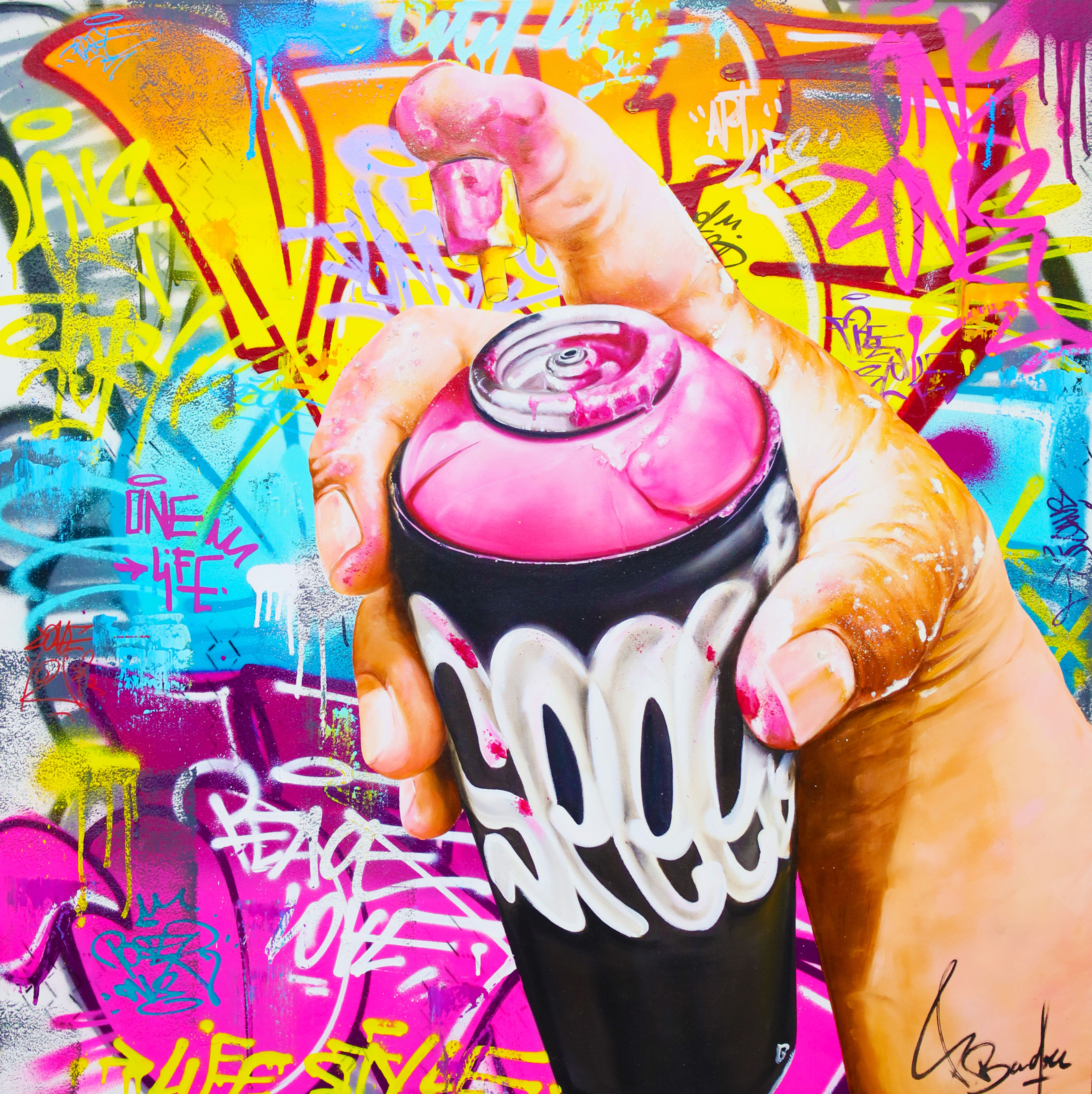 Tableau graffiti original avec main réaliste et bombe de peinture, style street art moderne et coloré. Art urbain signé Vince