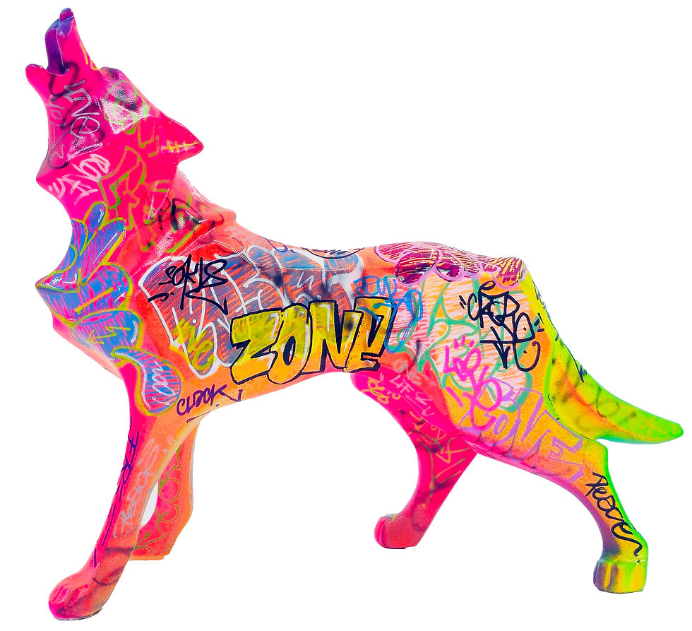 Découvrez la statue Wolf Tag, un loup graffiti multicolore en résine signé Vincent Bardou. Street art et pop art réunis