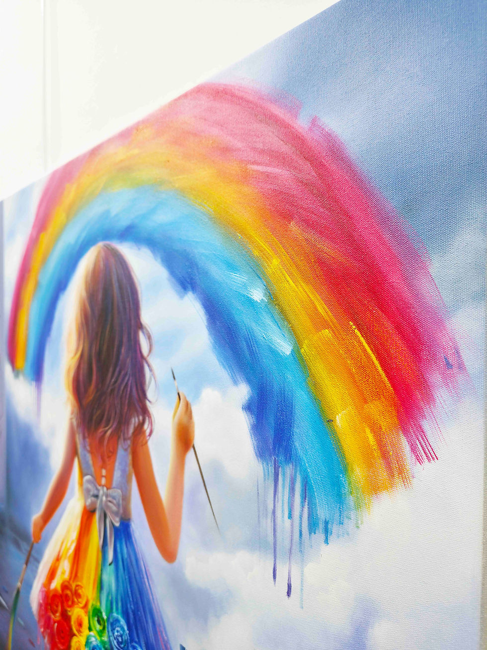 Miniature : Tableau Banksy fillette peignant un arc-en-ciel avec son ourson, street art pop art abstrait, œuvre Vincent Bardou pour déco