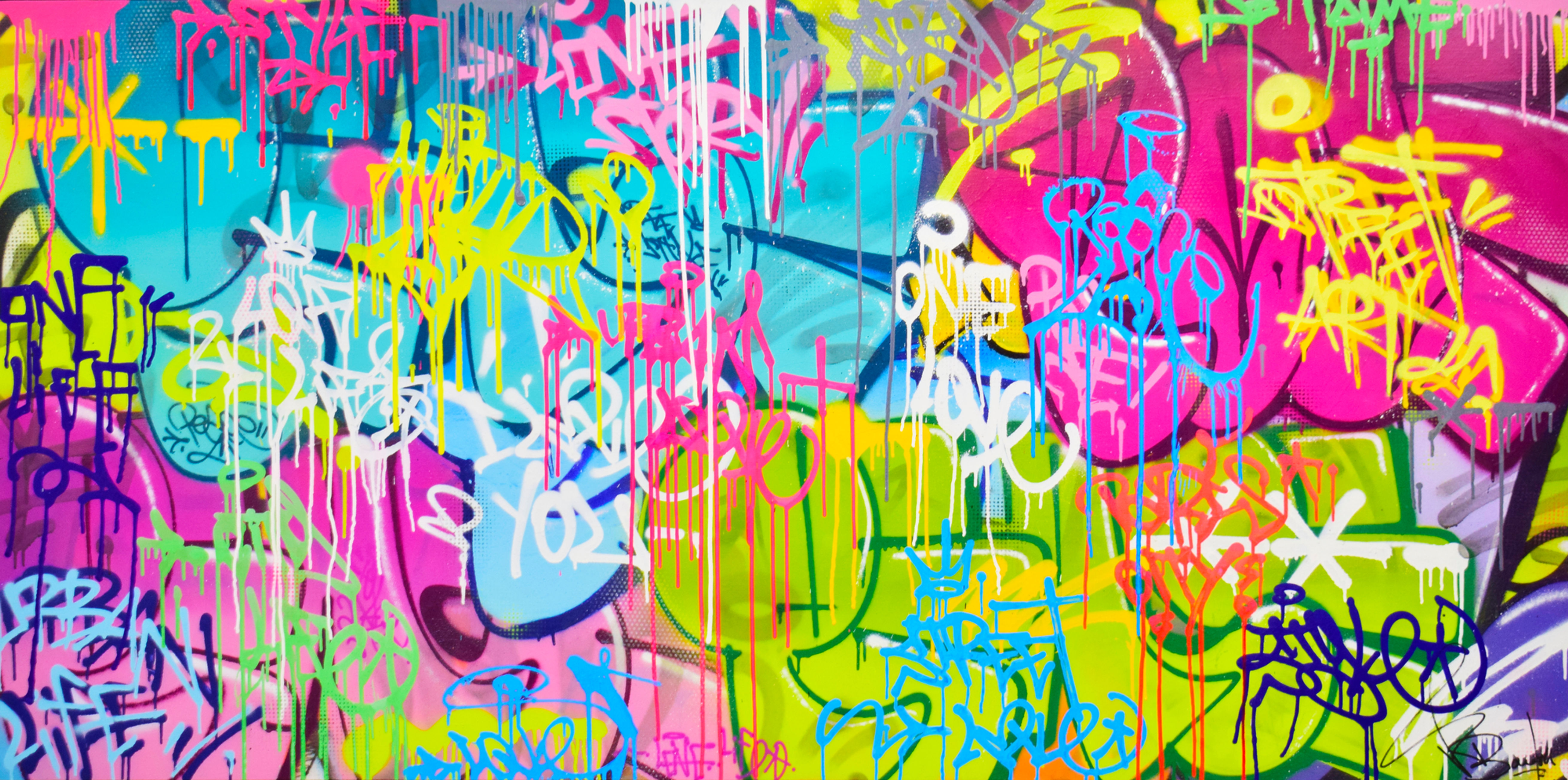 Peinture graffiti style Banksy en format XXL, parfaite pour une déco salon moderne. Tableau street art abstrait signé Vincent