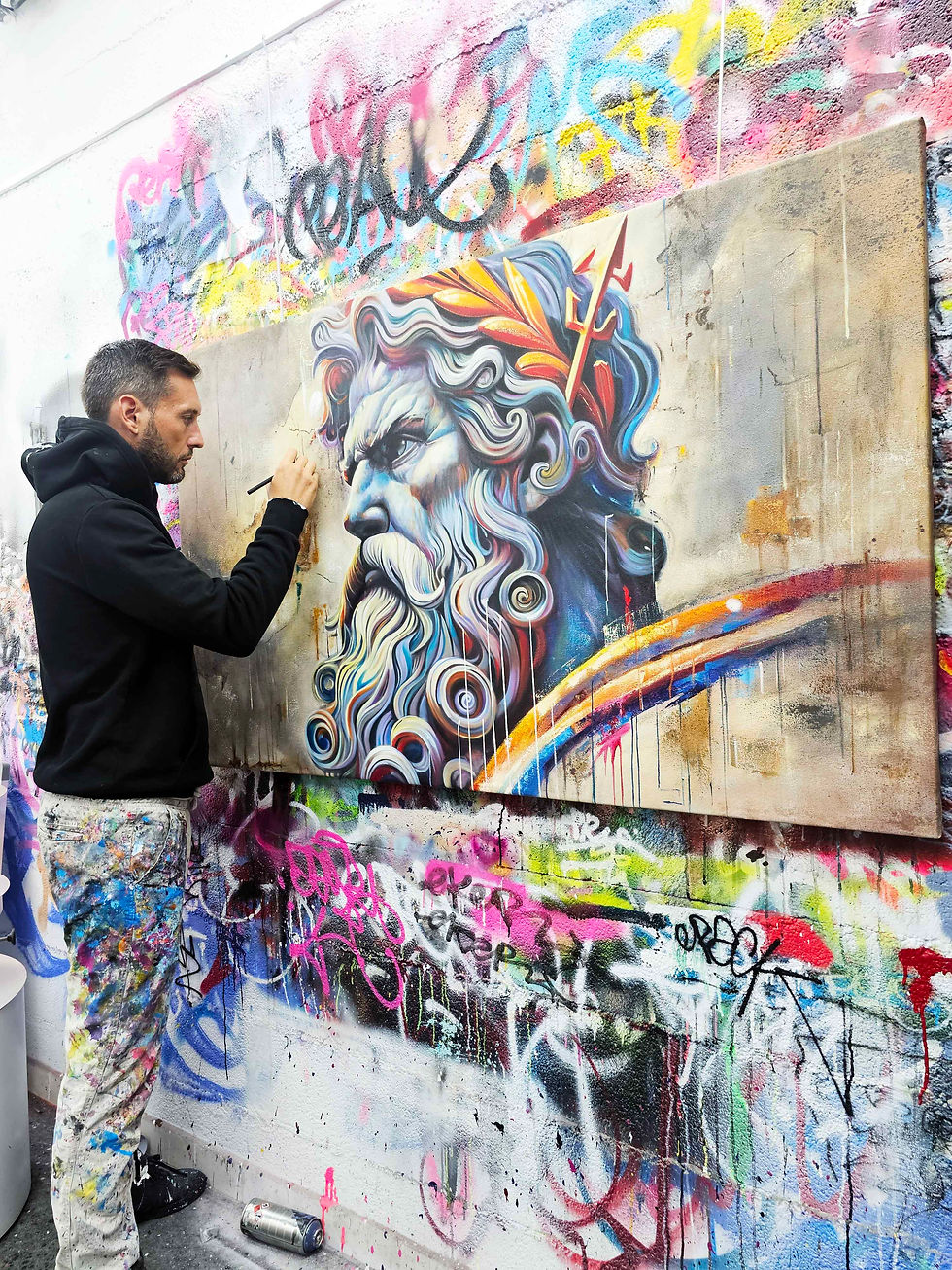 Zeus Street Art Pop Art Mehrfarbiges Gemälde von Vincent Bardou: Originalkreation auf Leinwand, Mischung aus Öl, Spray und Pastell, geliefert mit Echtheitszertifikat.