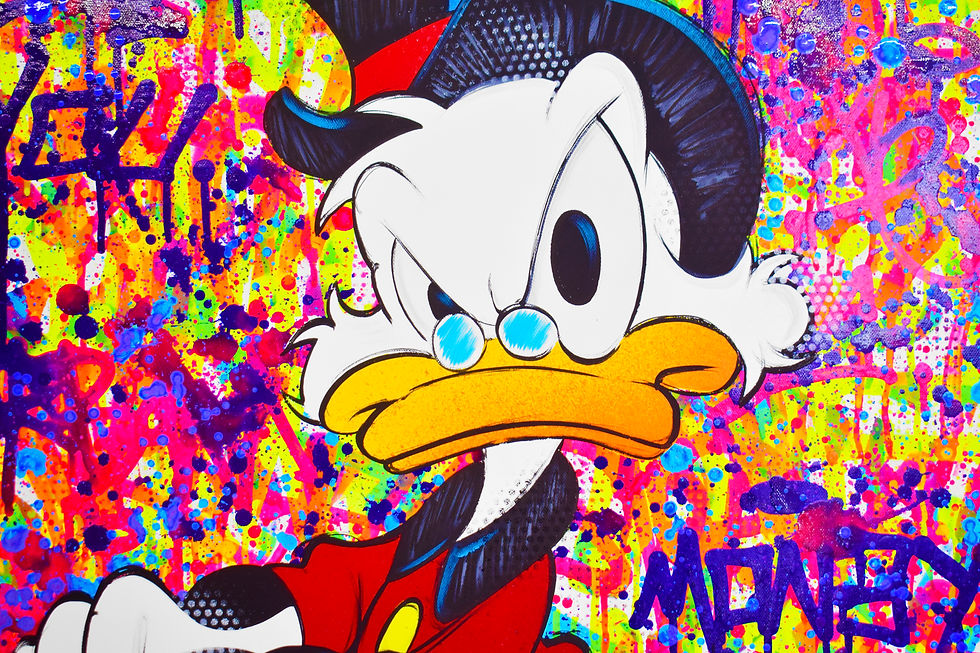 Thumbnail: Tableau Picsou Street Art moderne sur le thème du cash et bitcoin. Œuvre graffiti Disney contemporaine, déco idéale salon