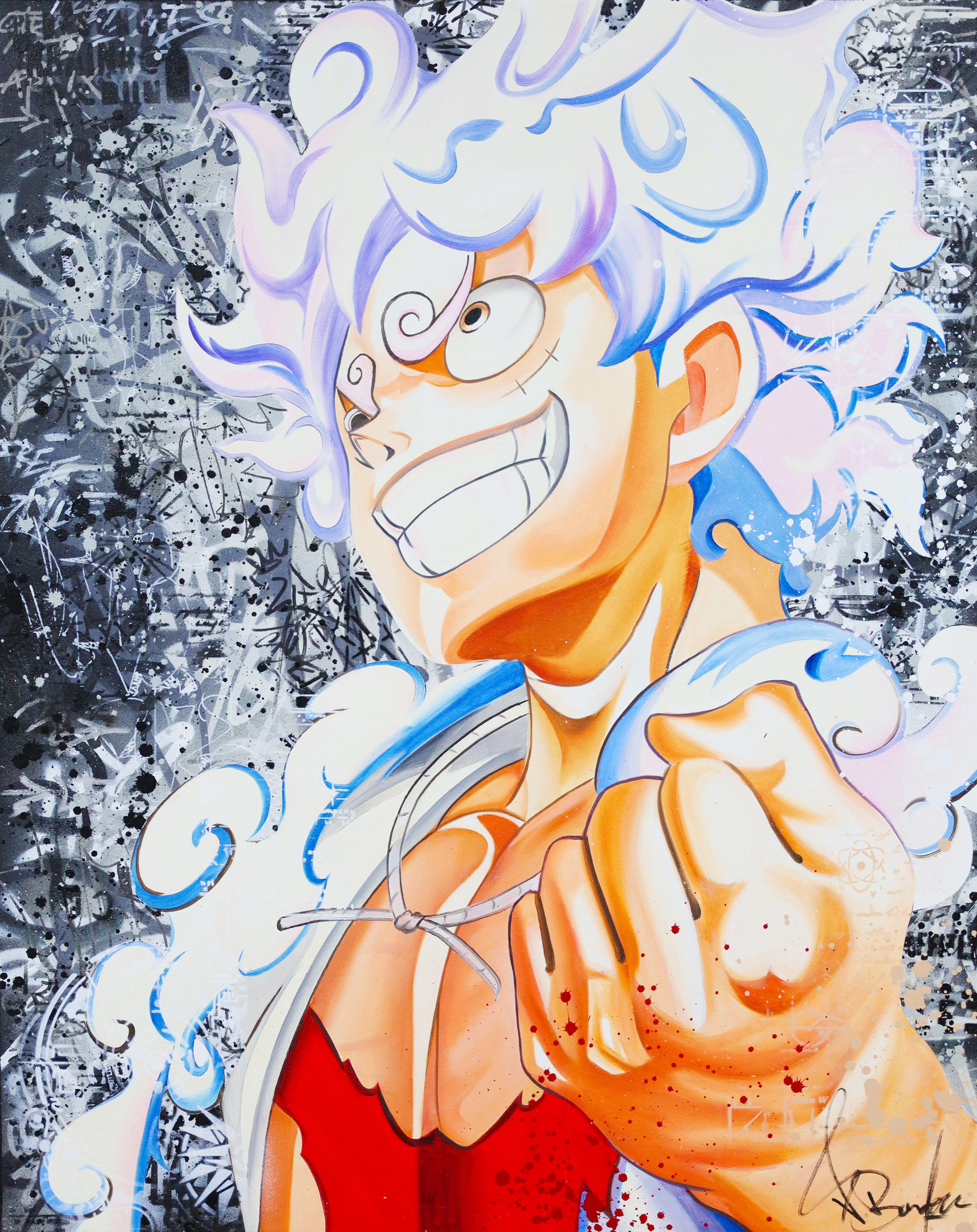 Tableau original Luffy Gear 5. Peinture manga pop art sur toile, street art coloré signé Vincent Bardou.