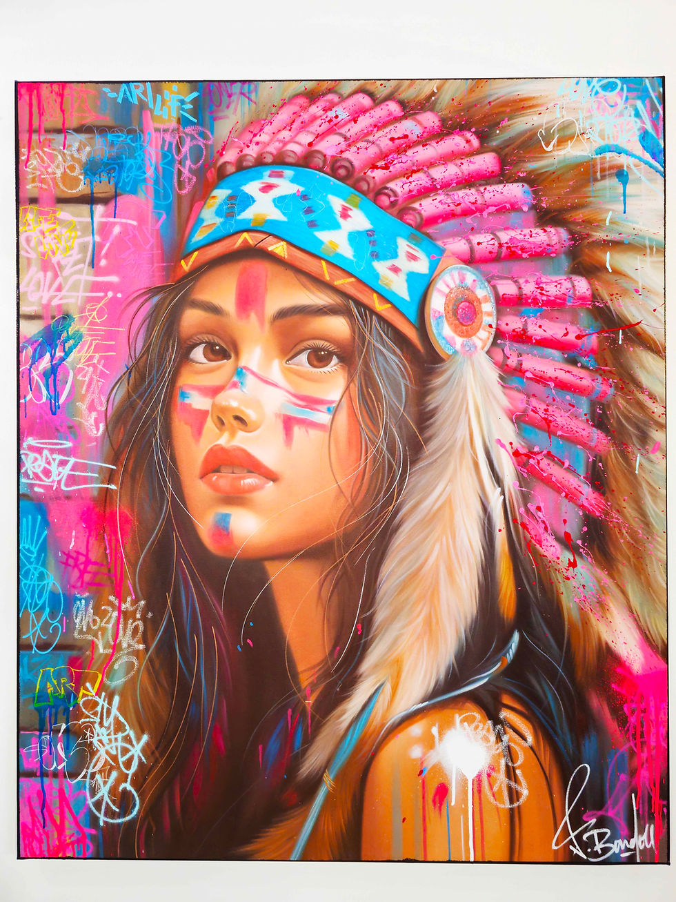 Miniature : Tableau Indienne Native American portrait femme peinture originale huile et bombe aérosol