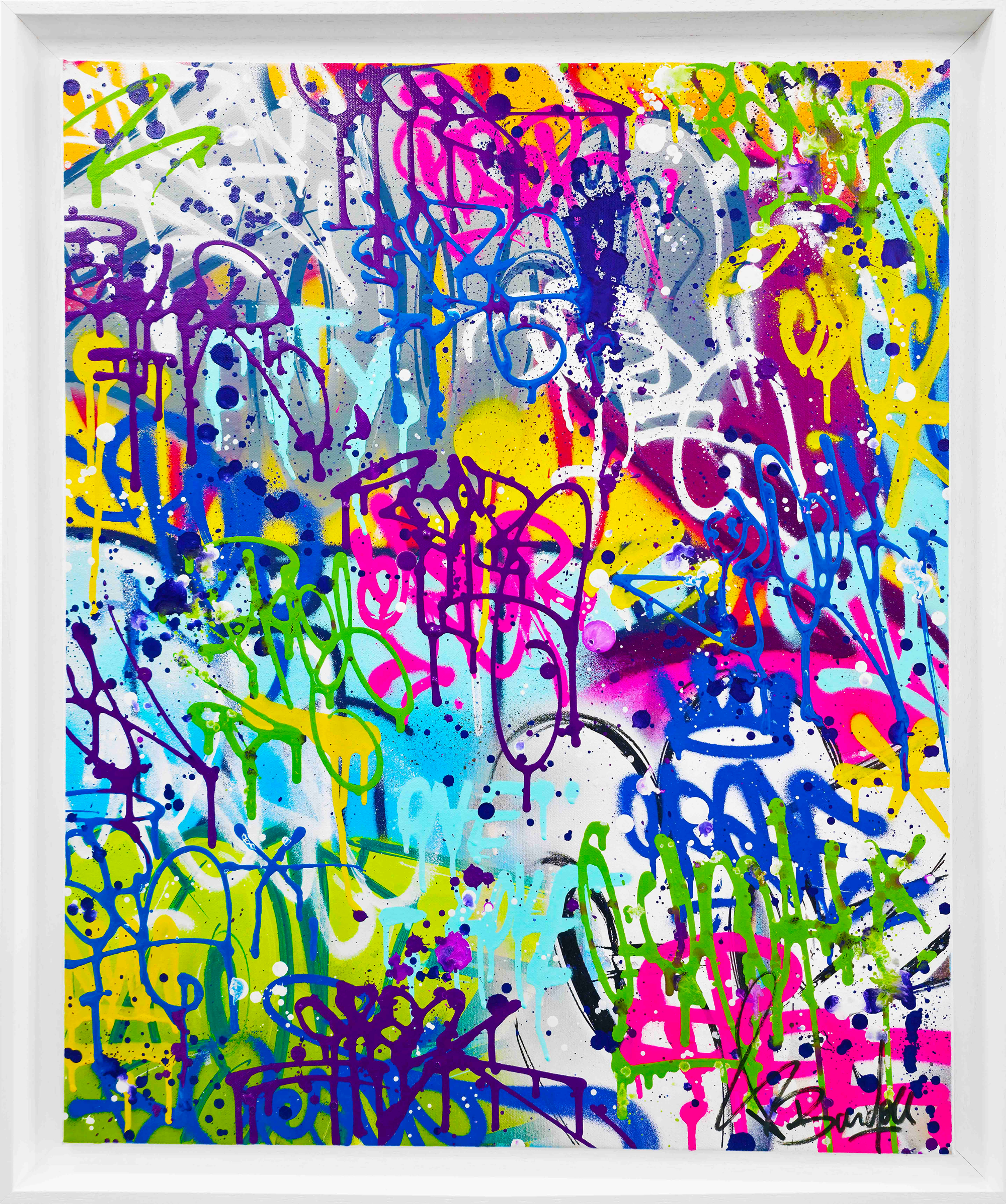 Tableau street art multicolore graffiti fluo avec encadrement blanc moderne