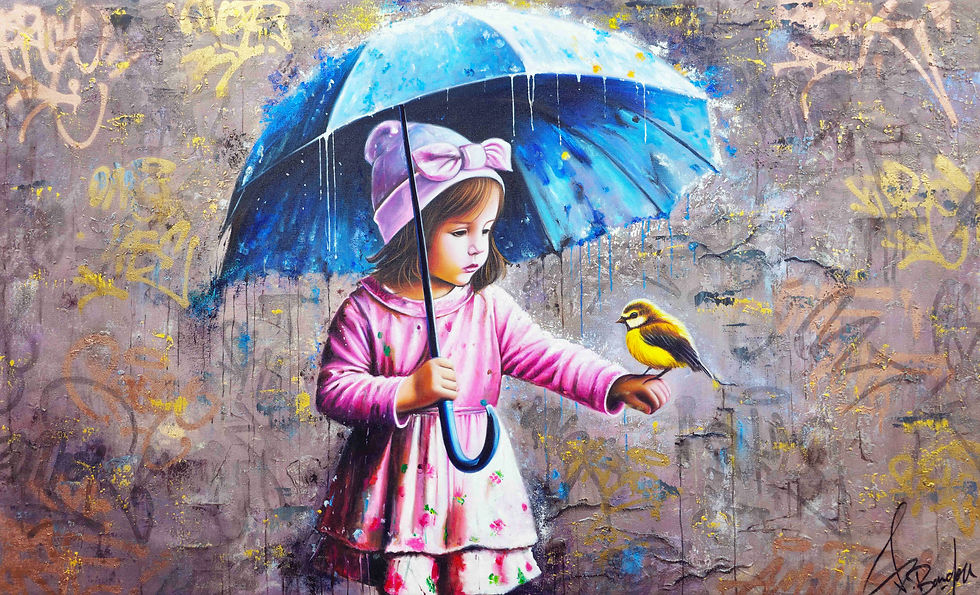 Peinture contemporaine représentant un portrait d’enfant unique et original combinant street art, pop art, abstrait