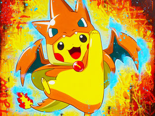 Pokémon Street Art Gemälde „Pikachu Cosplay Charizard“ Hergestellt mit Ölgemälde