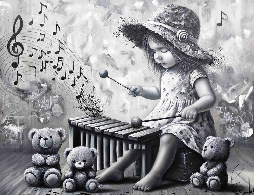 Tableau graffiti et street art, portrait femme et enfance, musique en noir et blanc, œuvre contemporaine abstraite de l’artis