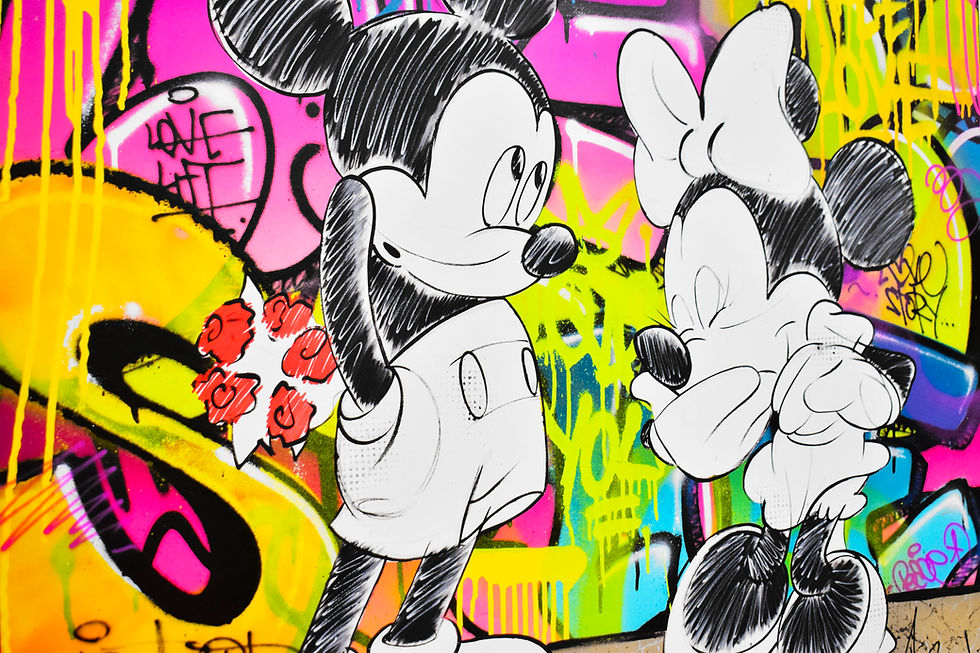 Miniature : Peinture Mickey Minnie Disney pop art, tableau amoureux abstrait et coloré, déco murale design contemporain.