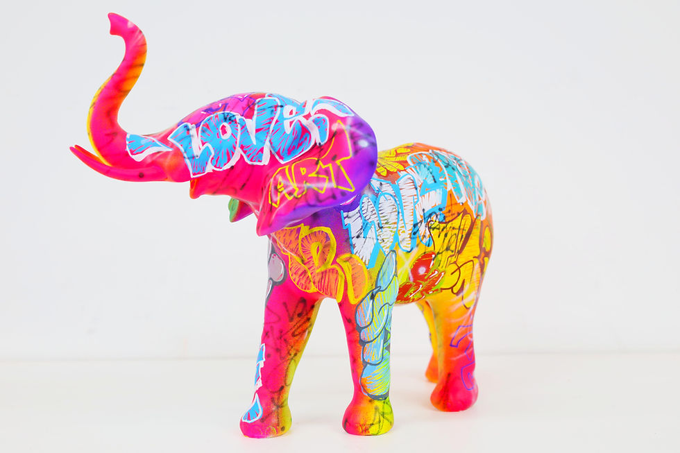 Thumbnail: Statue originale éléphant résine. Pop art multicolore, style graffiti urbain. Signée Vincent Bardou.