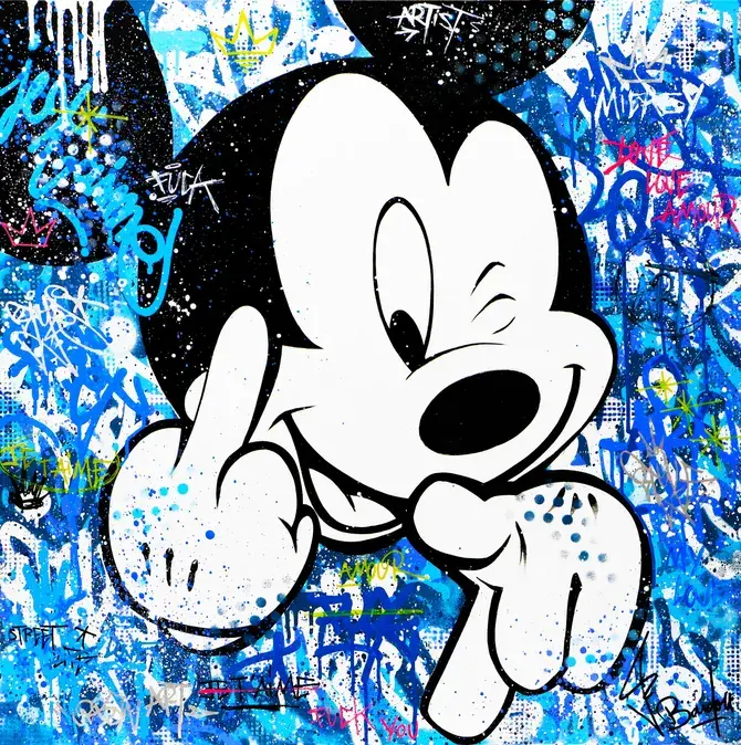 Tableau original sur toile représentant Mickey Mouse en version pop art provocante signé Vincent Bardou pour une déco murale