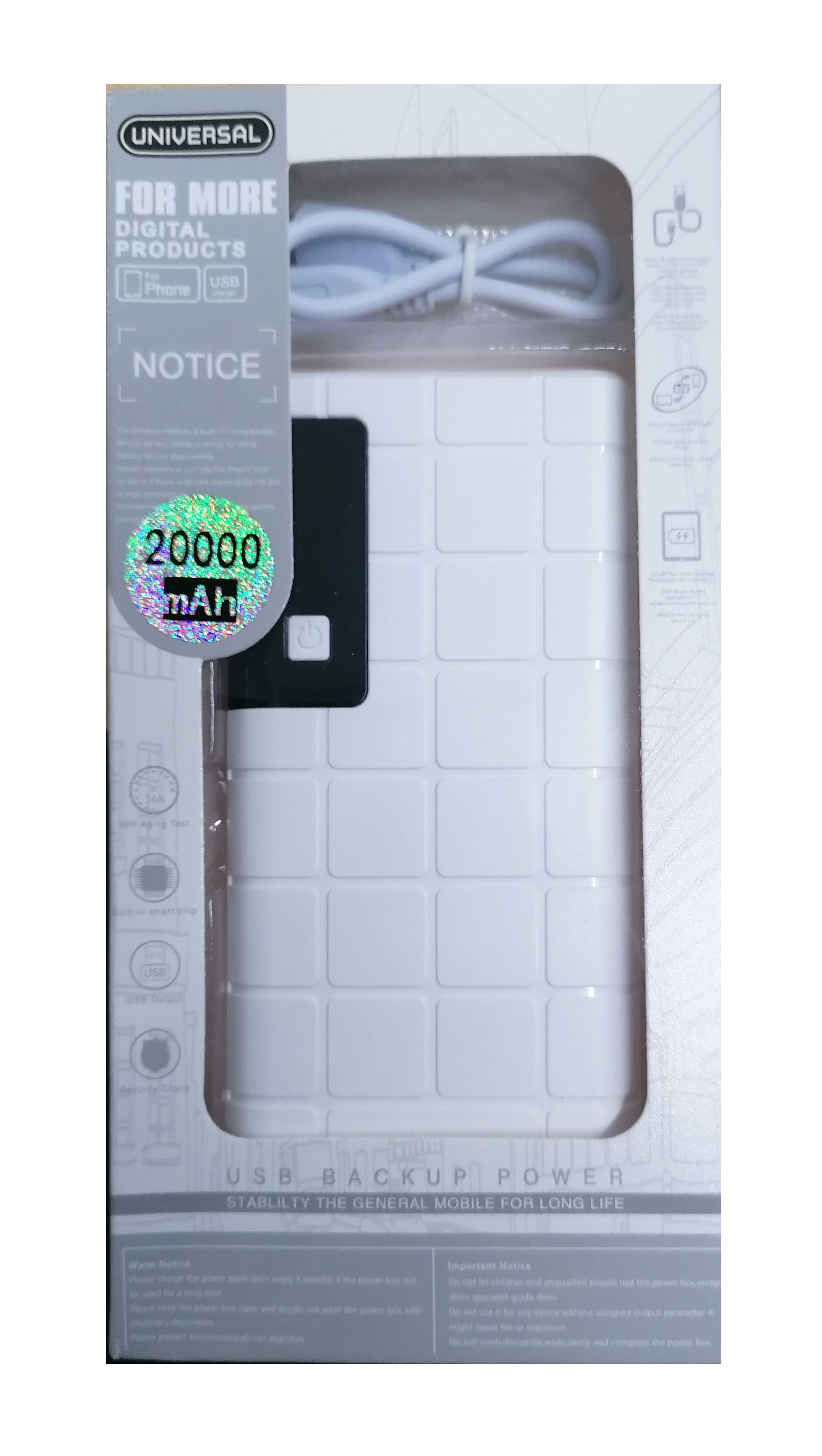 Power Bank con cavo USB incluso.  3 porte USB. 20000 mAh