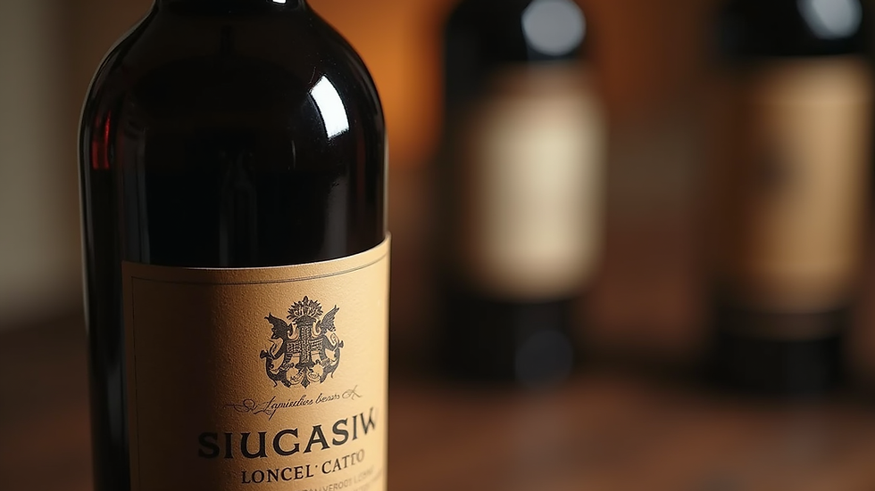 Close-up view of a wine bottle with a rich label