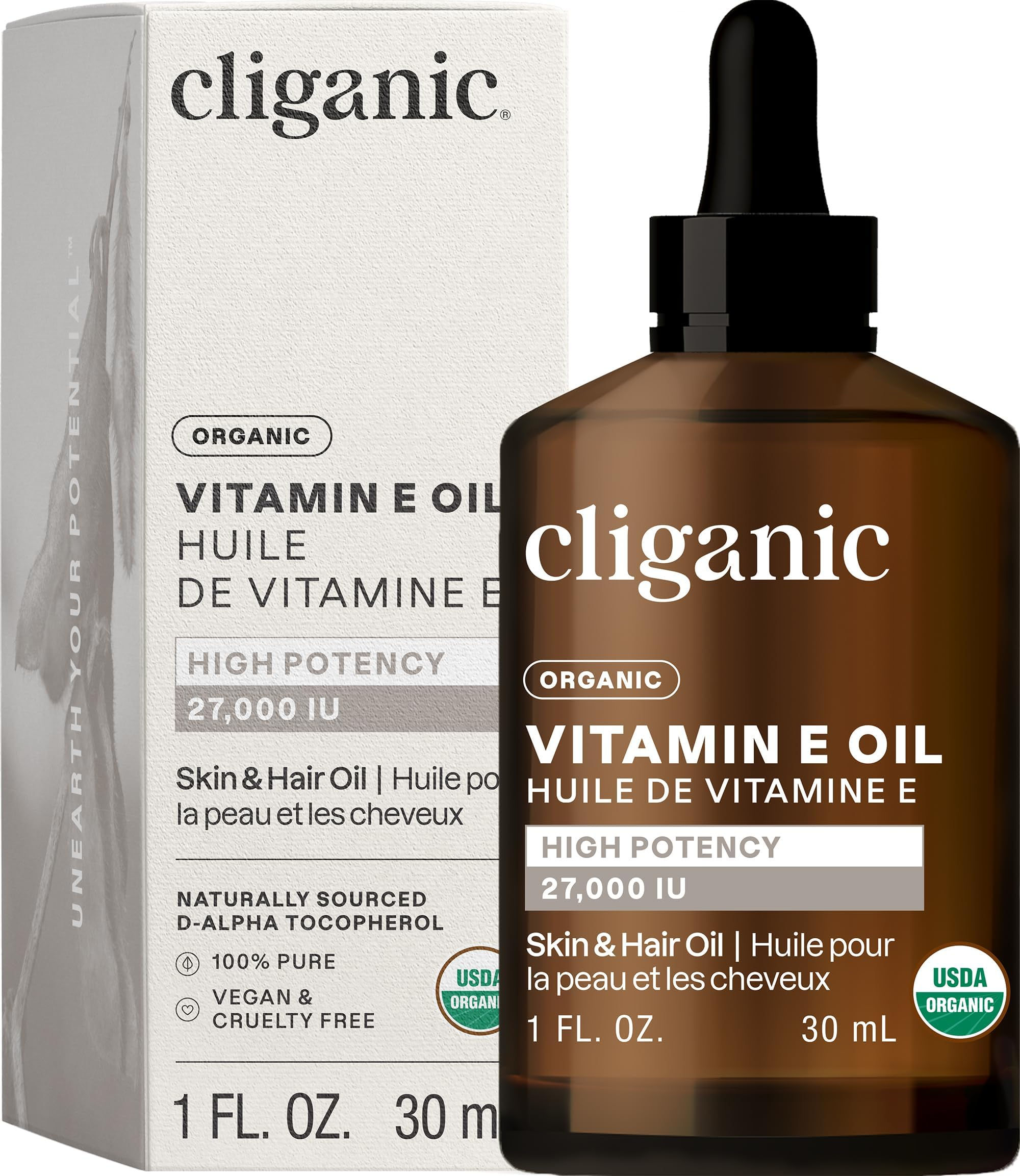Cliganic Organic Pure Vitamin E Oil for Skin, Hair & Face - 27,000 IU, Non-GM...