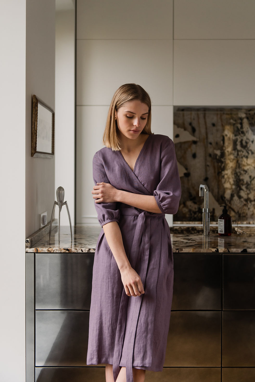 Thumbnail: Linen Wrap Dress in Lavender - Anna - Size L