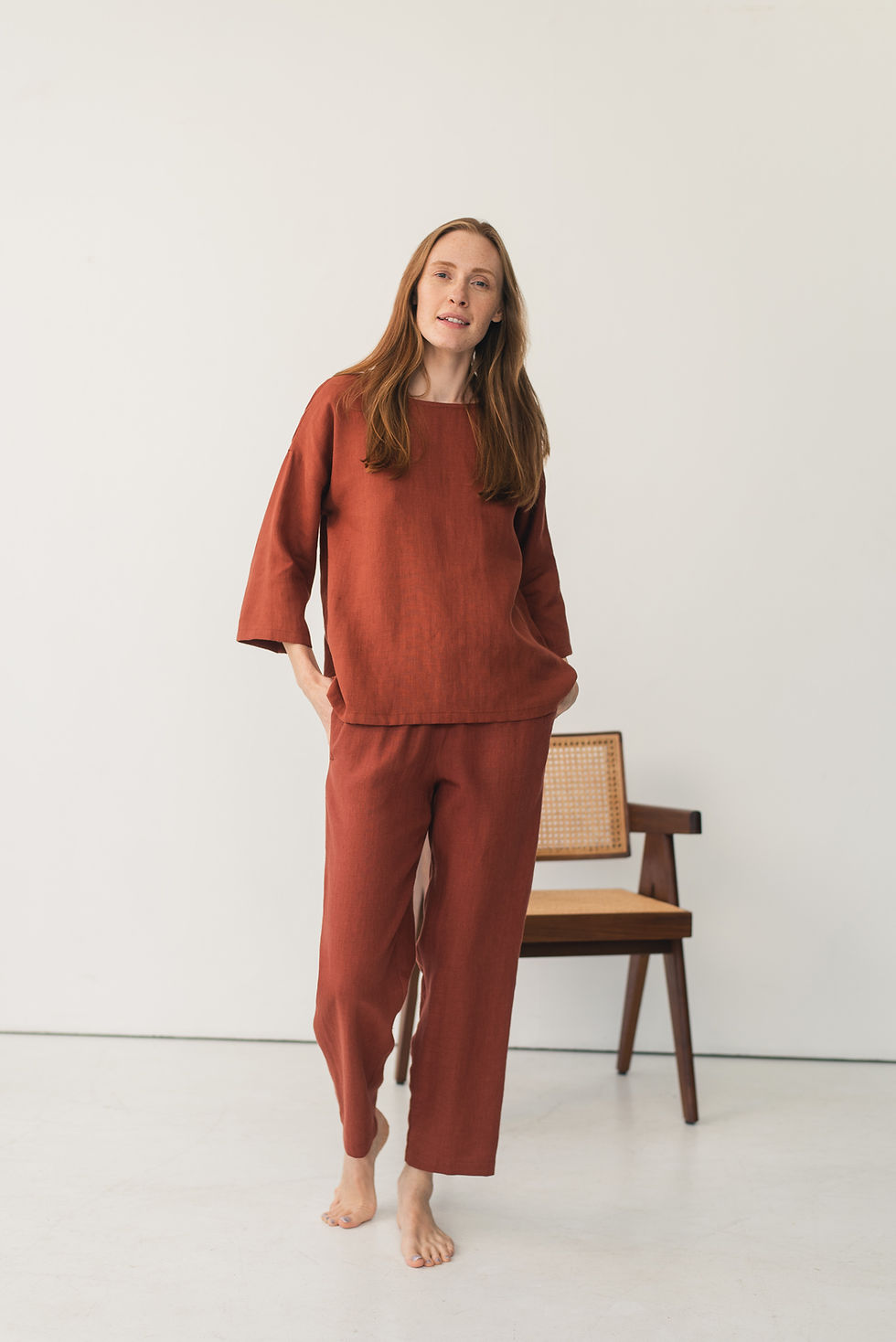 Thumbnail: Linen Set with Pants in Dusty Pink - Cloe Top and Eva Pants - Size M