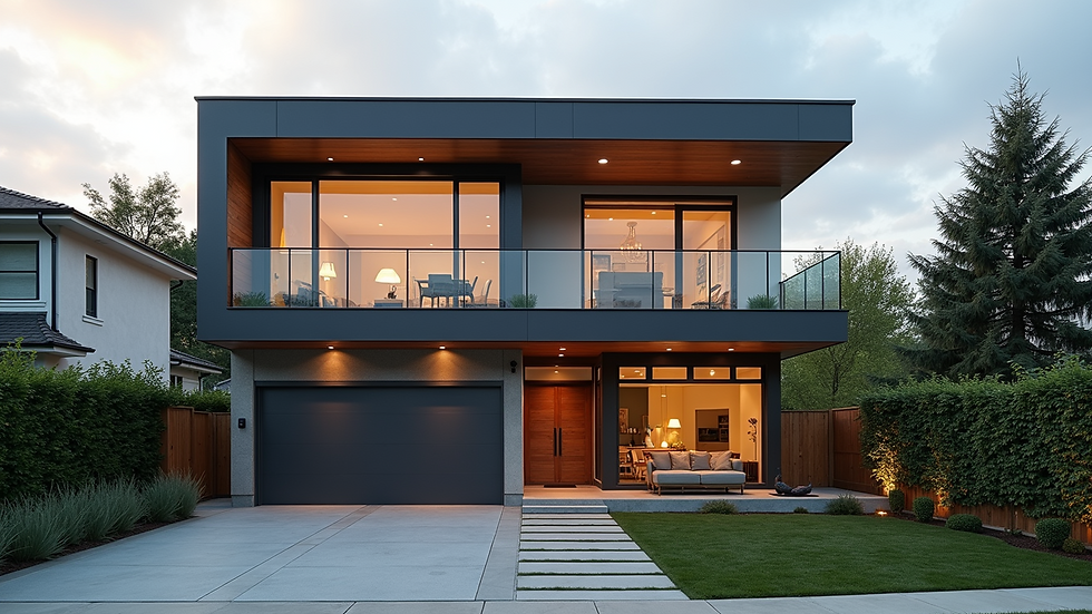 High angle view of a modern two-story house with a new second floor addition