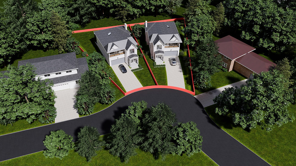 A top-down render with red lot lines showing the existing property split into two new parcels