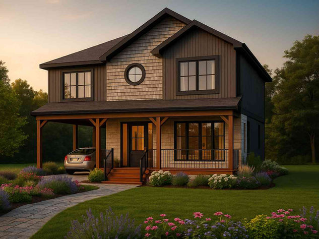 Dusk rendering of the approved two-storey second-floor addition with dark siding and wood porch on Rustic Dr, Toronto.
