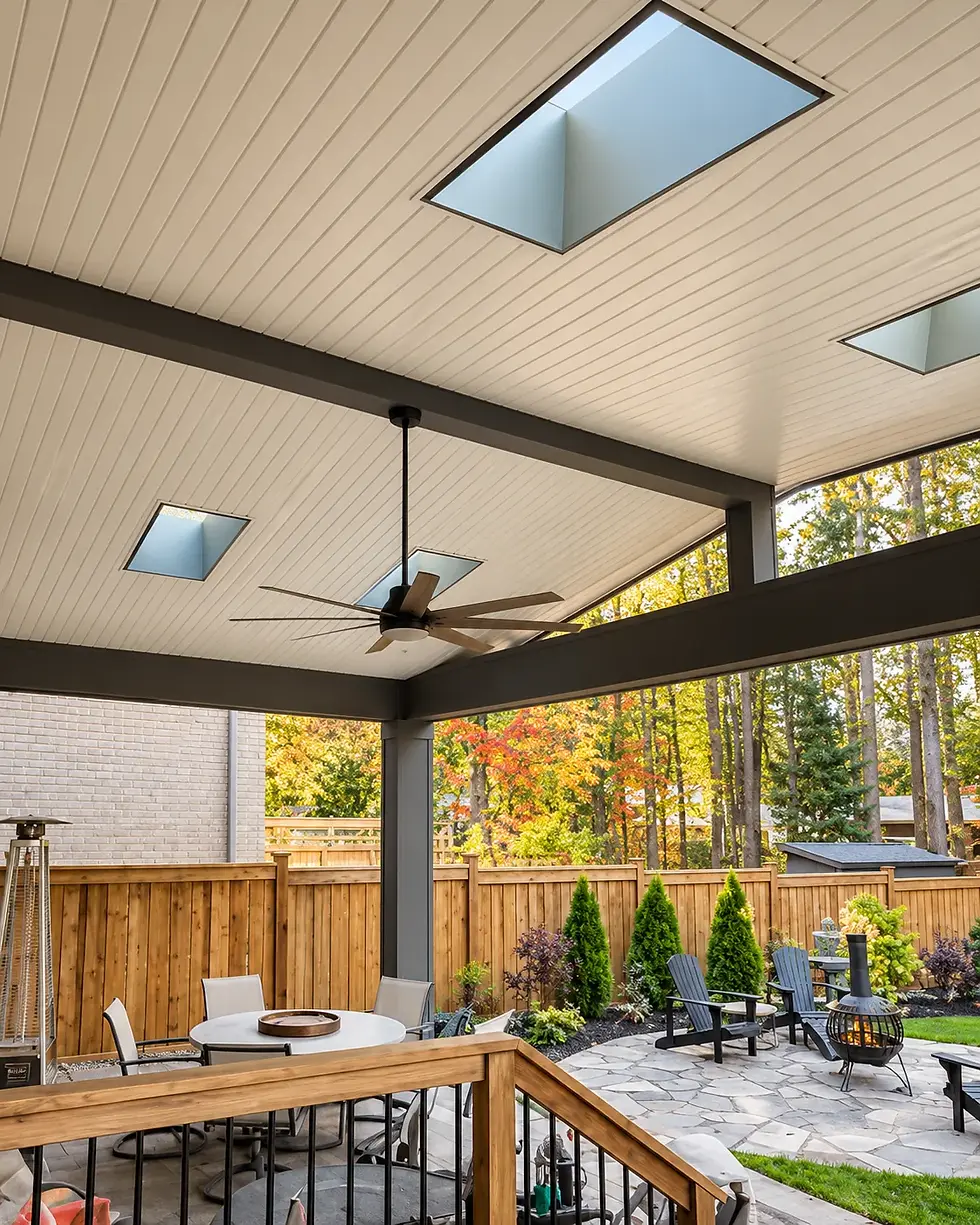 Covered patio ceiling with skylights, ceiling fan and exposed beams in Innisfil