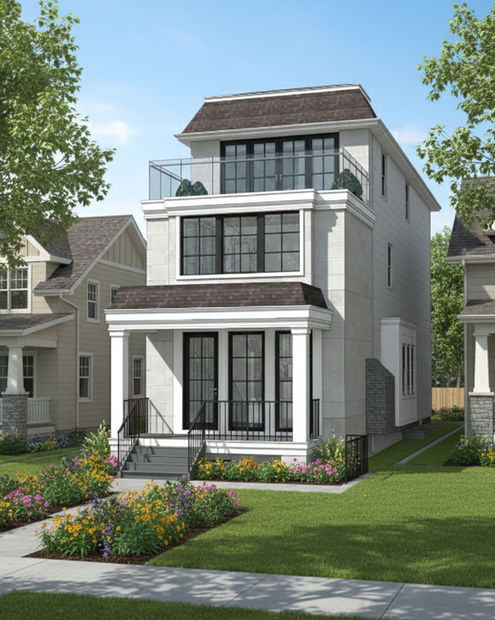 Grandview Avenue home addition – light grey exterior option with modern three-storey layout.
