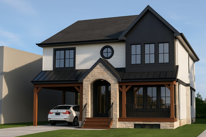 Design option of a two-storey second-floor addition with dark siding, stone entry arch, and wood accents on Rustic Dr, Toronto.