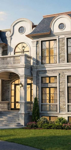 Evening rendering of a luxury custom home with illuminated windows.