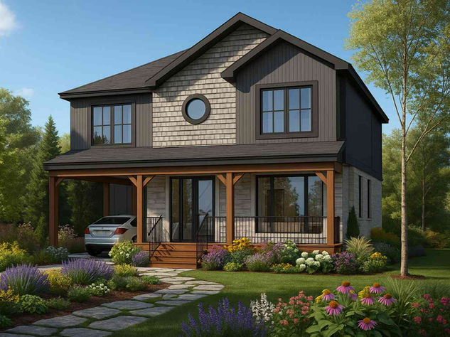 Approved rendering of a two-storey home with dark siding, wood porch, and circular window for the Rustic Dr second-floor addition in Toronto.
