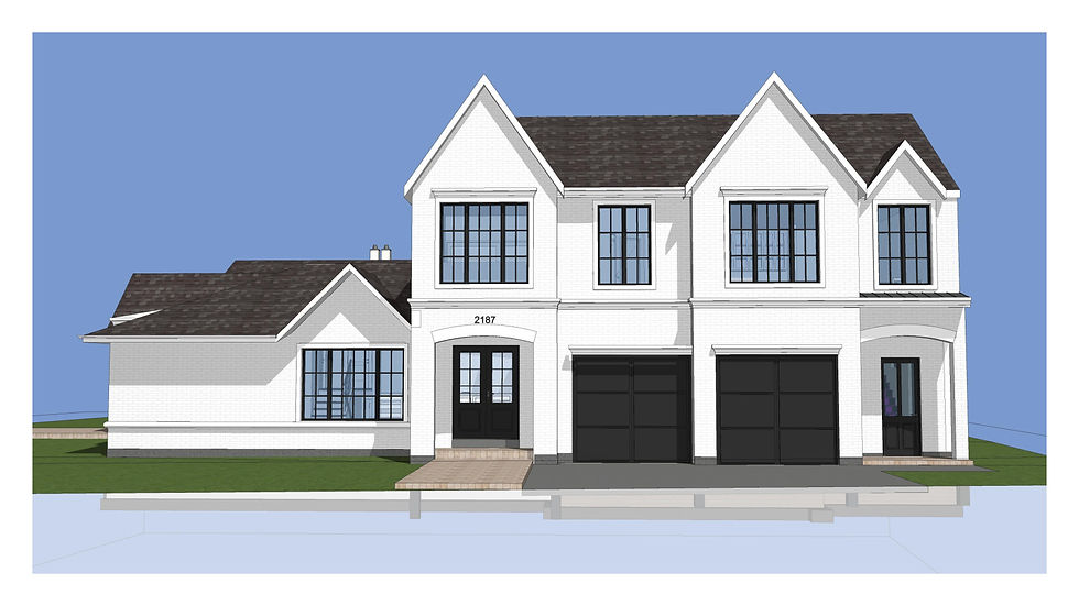 White two-story house with black windows and doors.