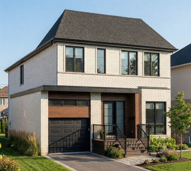 Angled front view of the modern custom home design on Durham Ave.