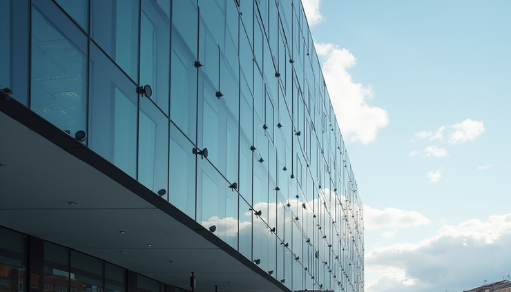 High angle view of the Elbphilharmonie concert hall's glass facade reflecting the sky
