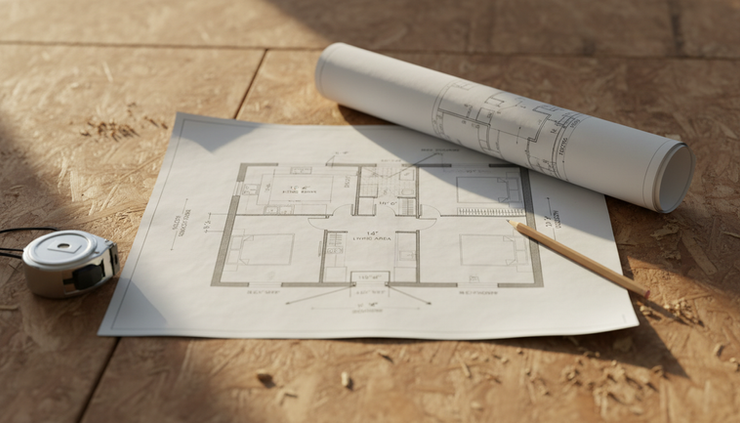 Close-up view of a printed renovation floor plan resting on plywood beside a pencil and measuring tape