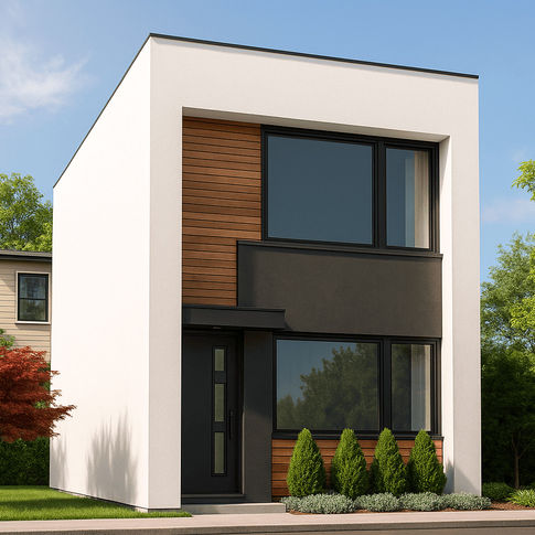 Modern exterior rendering of the Lippincott St laneway house with white cladding, wood accents, and large windows surrounded by greenery.
