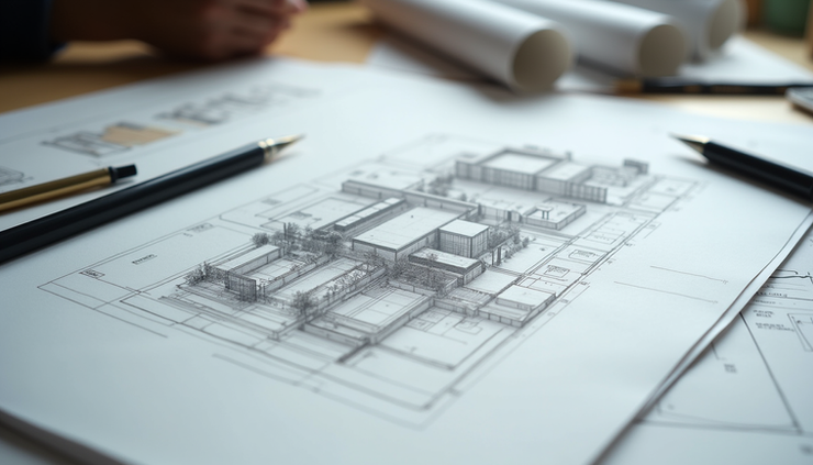 Eye-level view of detailed as-built drawing on a drafting table