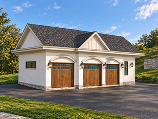 New three-car detached garage in Caledon with white-painted brick, stone base and wood garage doors