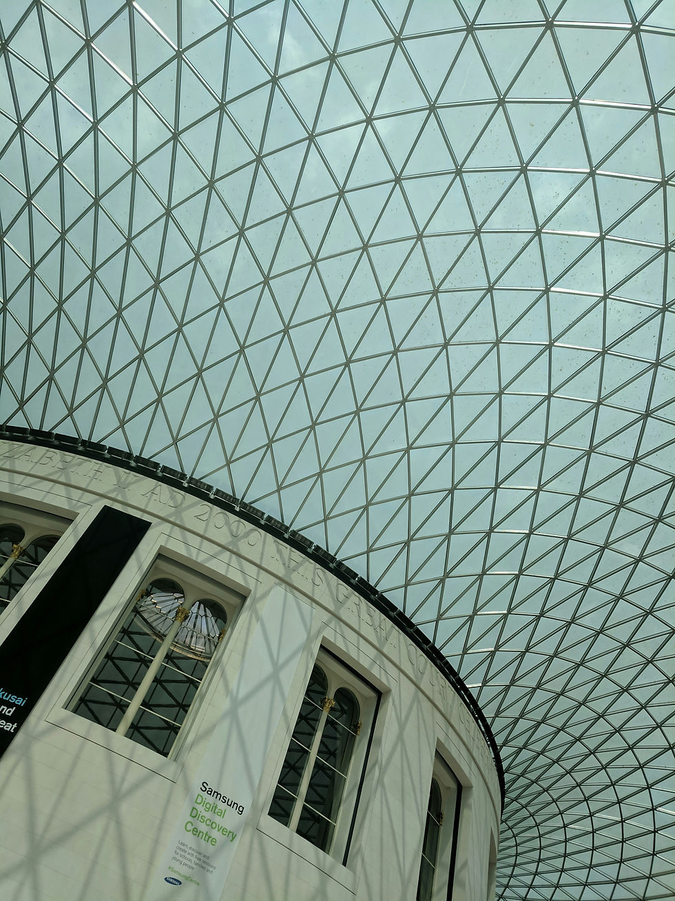 Glass dome with crisscross pattern above a round building facade with windows. Text: Samsung Digital Discovery Centre. Lit by daylight.