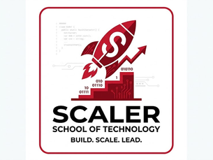 Red rocket with dollar sign on a graph, tech code in the background. Text: SCALER SCHOOL OF TECHNOLOGY. BUILD. SCALE. LEAD.