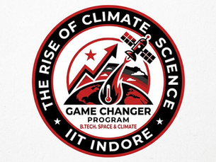 Circular logo with satellite, mountain, and flames. Text: "The Rise of Climate Science, Game Changer Program, B.Tech. Space & Climate, IIT Indore."