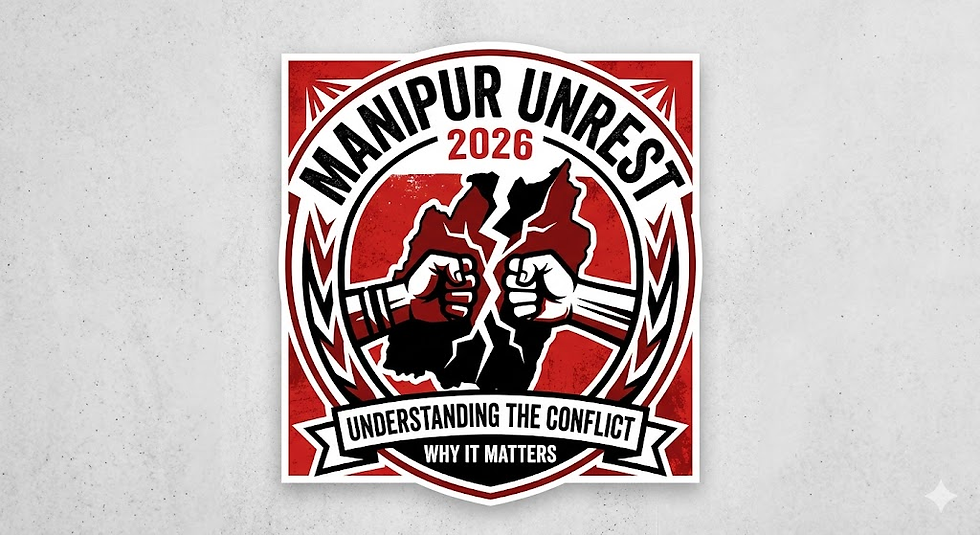 Fists clashing over a map with bold text: Manipur Unrest 2026. Red and black theme. Banners read: Understanding the Conflict, Why It Matters.