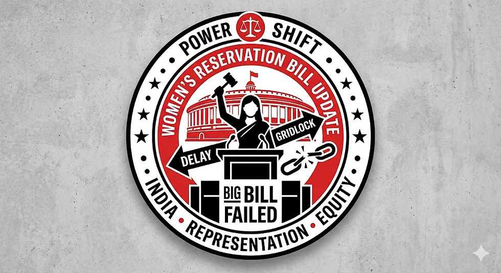 Red and black emblem depicts a figure with gavel, broken chain, and text: Women's Reservation Bill Update, Big Bill Failed. Concrete background.